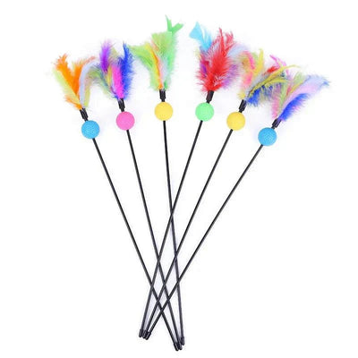 5pcs cat teaser wand set with bell and feather toys for kittens. cat feather wand