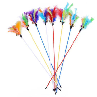 5pcs cat teaser wand set with colorful feathers and bells for interactive play.