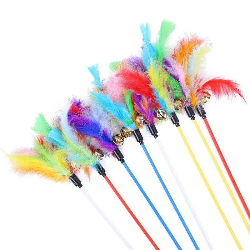 5pcs Cat Teaser Wand Set with colorful feathers and bells for interactive play. cat feather wand