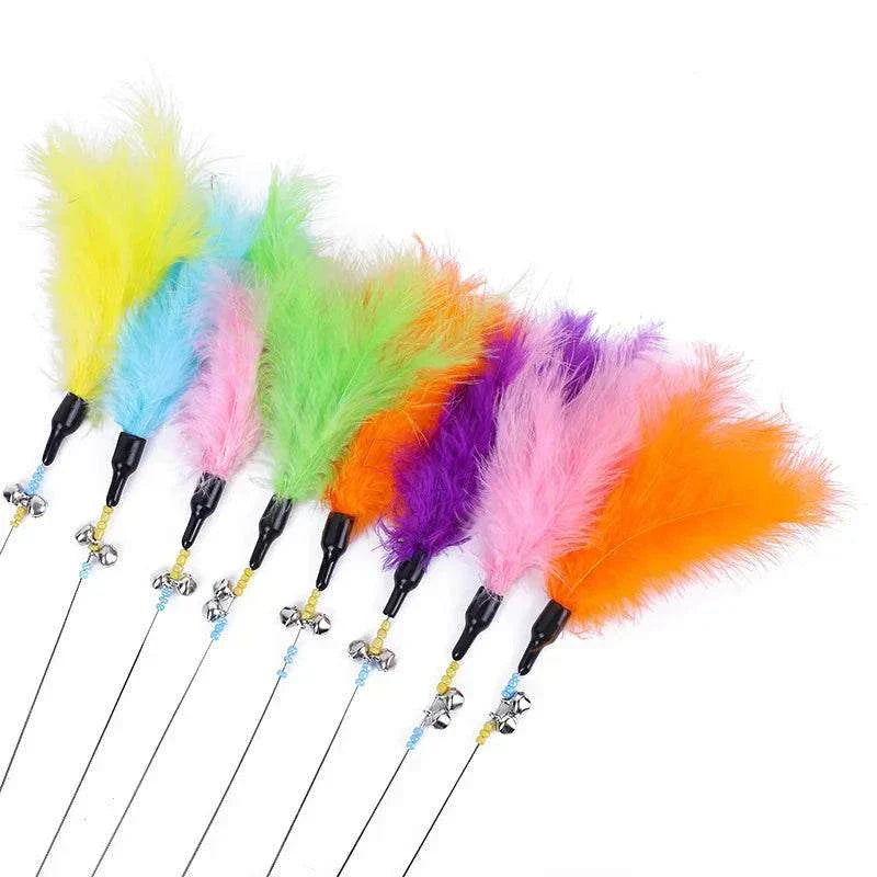 5pcs cat teaser wand set with colorful feathers and bells for interactive play. cat feather wand