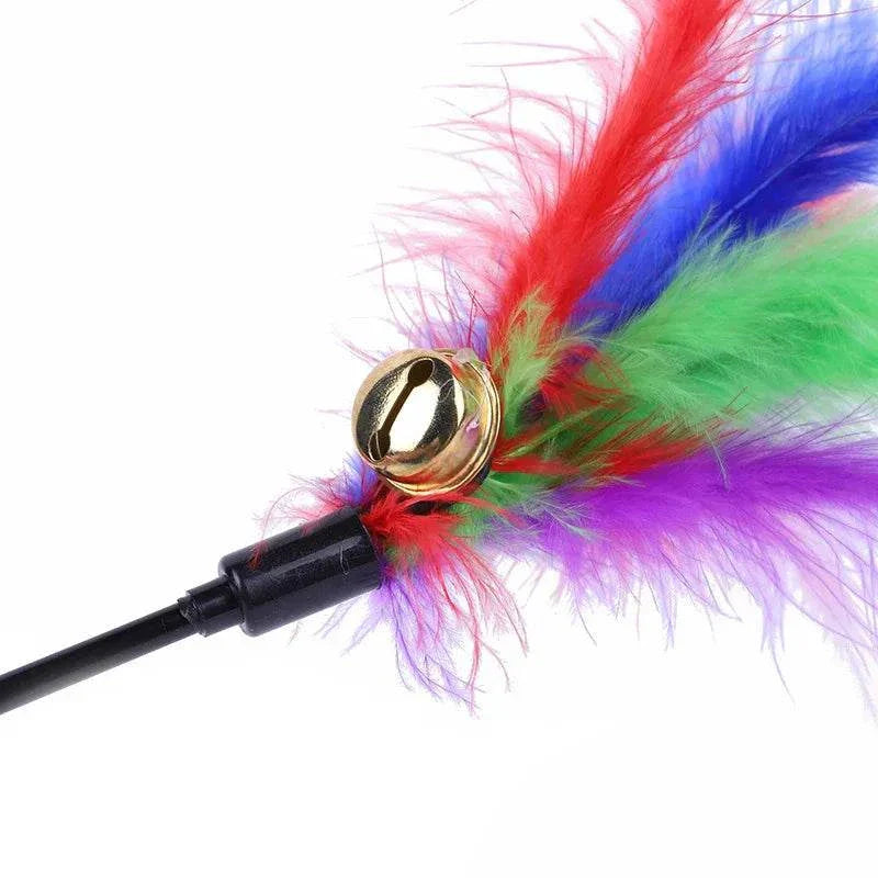 Colorful cat teaser wand with bell and feathers for interactive play.cat feather wand