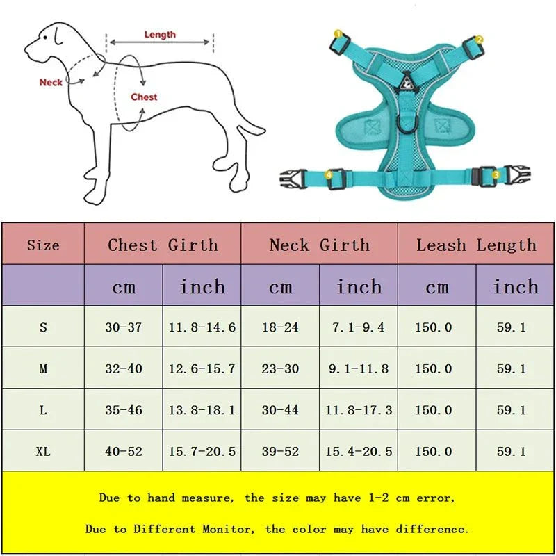 No-pull dog harness and leash set with adjustable reflective mesh vest for small dogs and cats, featuring size chart for chest and neck girth.