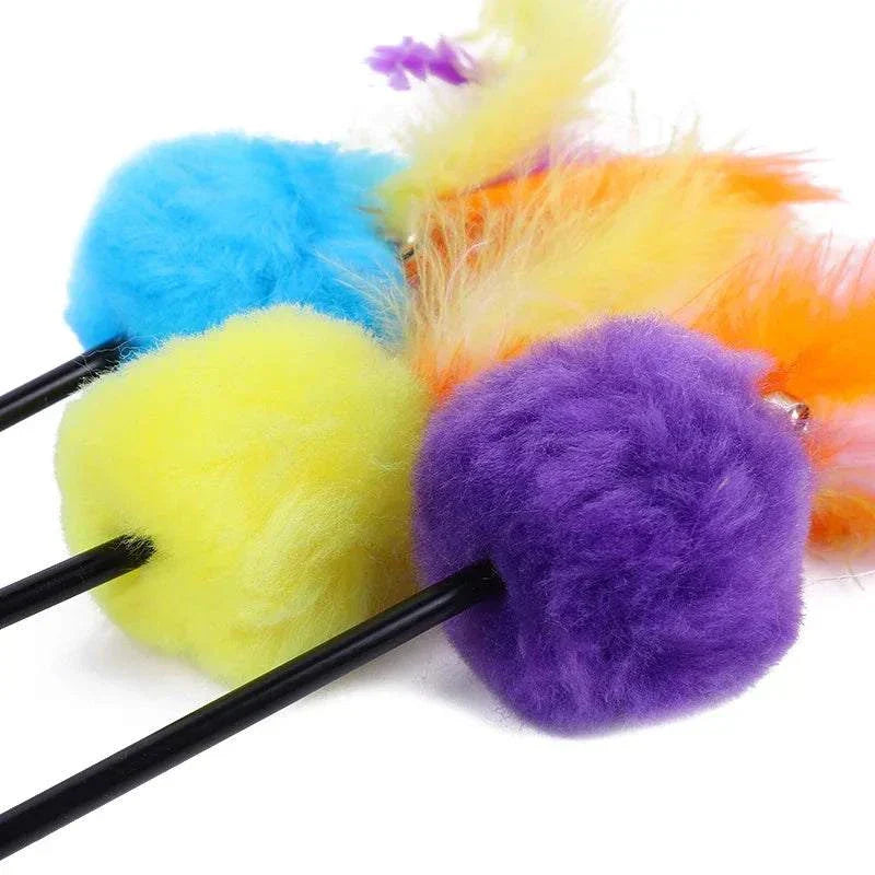 5pcs cat teaser wand set with bell and feather toys for kittens, colorful interactive play.