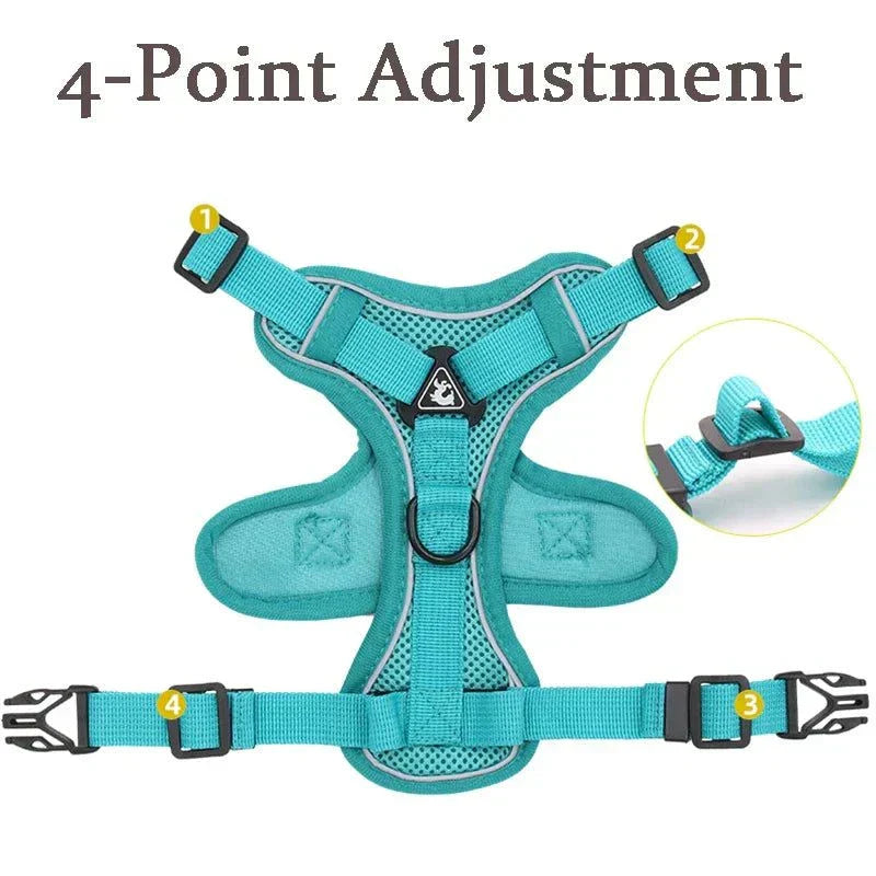 No-pull dog harness and leash set with adjustable reflective mesh vest for small dogs and cats.