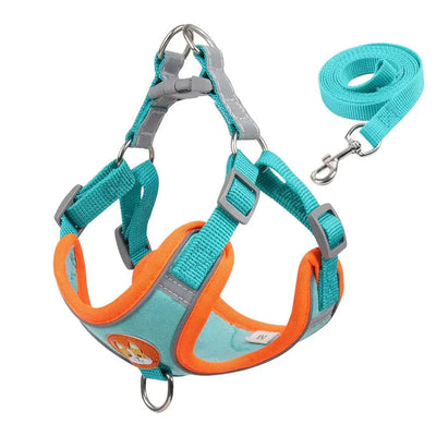 No-pull dog harness and leash set, adjustable reflective vest for small dogs and cats, turquoise and orange design.