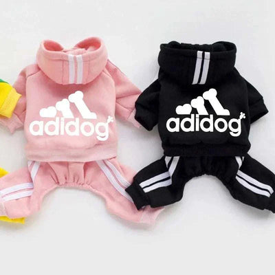 Adidog Fleece Hoodie Jumpsuit for Small Dogs in pink and black colors, fashion style for autumn/winter.