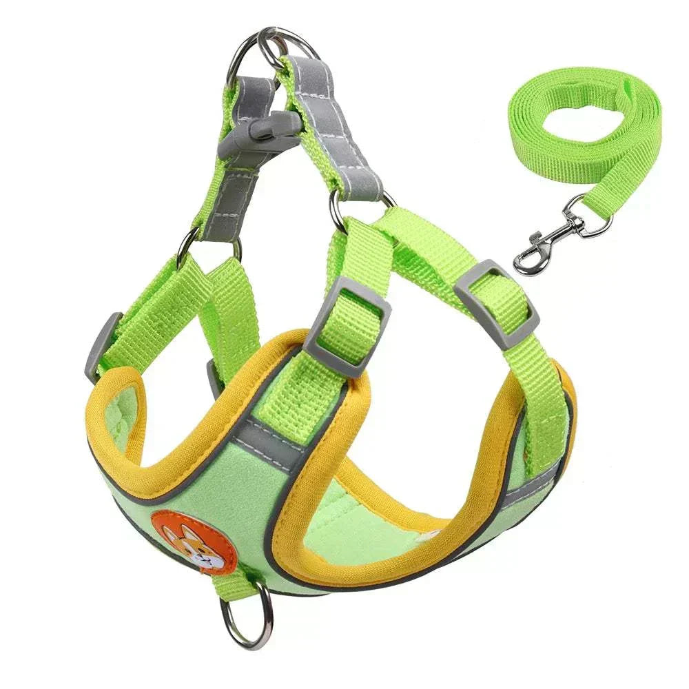 No-pull dog harness and leash set, adjustable reflective vest for small dogs and cats, nylon material, bright green color.