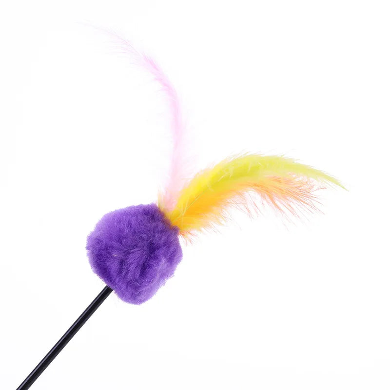 Cat teaser wand with purple pom-pom and colorful feathers for interactive play.