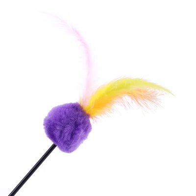 Cat teaser wand with purple pom-pom and colorful feathers for interactive play.