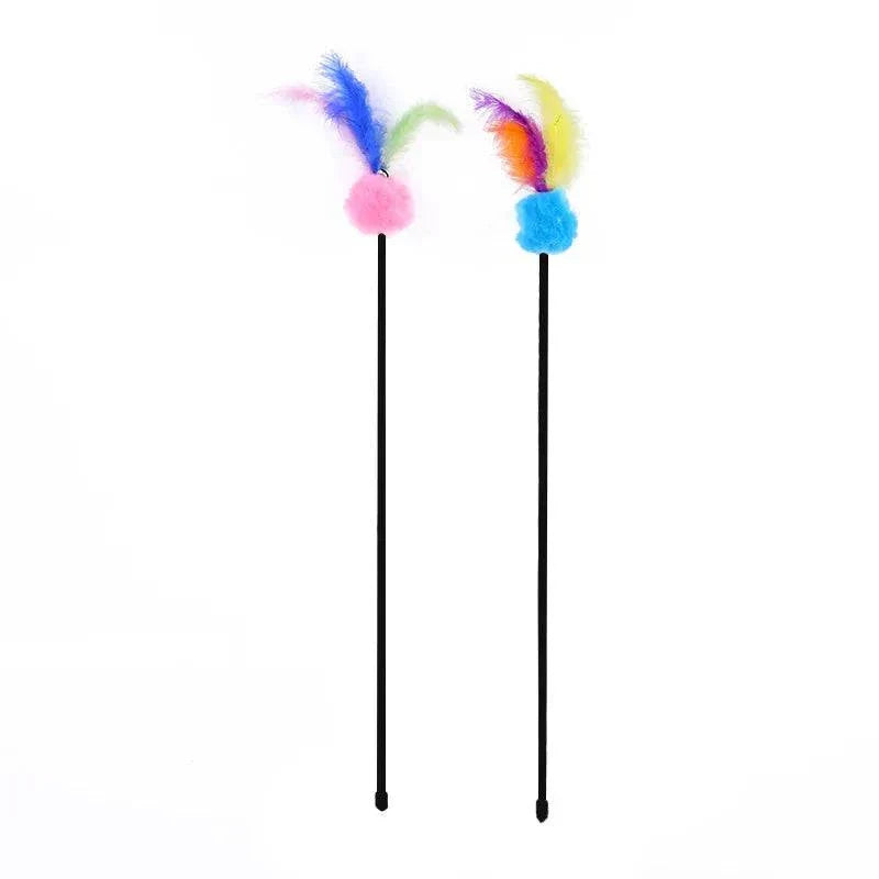 Colorful cat teaser wand with feathers and bells for interactive play, 5-piece set.