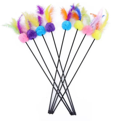 5pcs cat teaser wand set with colorful feather and bell, interactive toys for kittens.