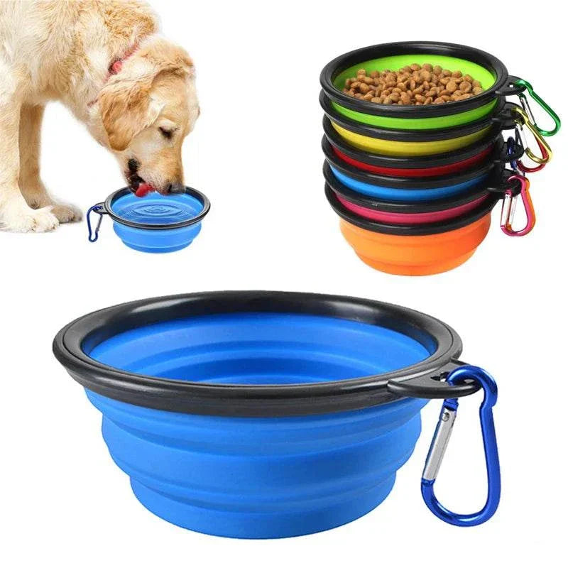 Folding Portable Silicone Dog Feeder Bowl with Carabiner, 2-in-1 Food & Water Dispenser, Universal Breed Compatibility