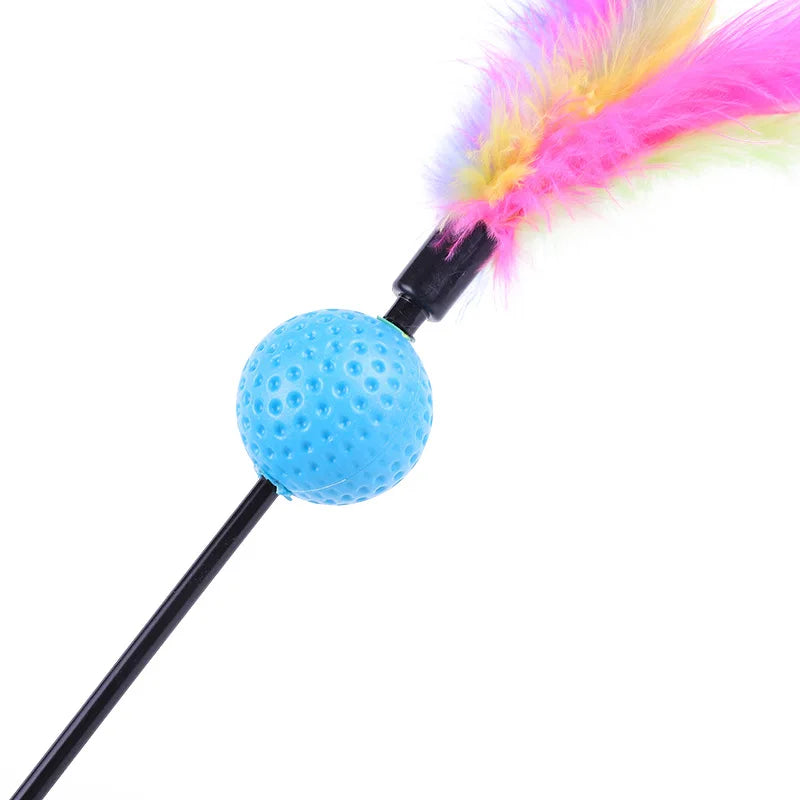 Colorful feather cat teaser wand with blue handle and bell. cat feather wand