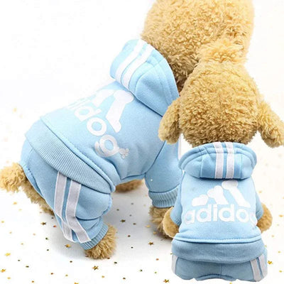 Fleece hoodie jumpsuit for small dogs in light blue, fashion style, autumn/winter wear.