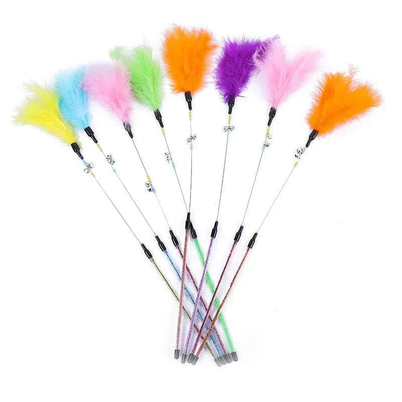 Colorful 5-piece cat teaser wand set with bells and feathers.