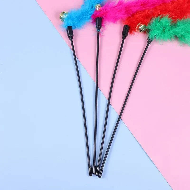 5pcs cat teaser wand set with colorful feathers and bells, interactive toys for kittens.