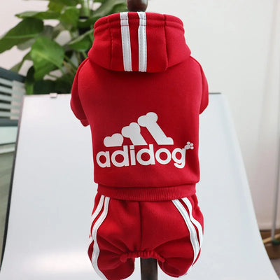 Adidog Fleece Hoodie Jumpsuit for Small Dogs in red, fashion autumn/winter pet apparel.