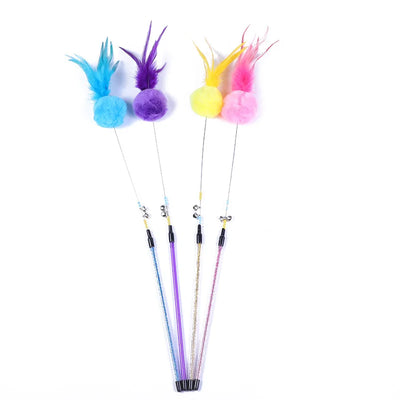 Cat teaser wand set with colorful feathers and bells, designed for interactive  cat feather wandplay with kittens.