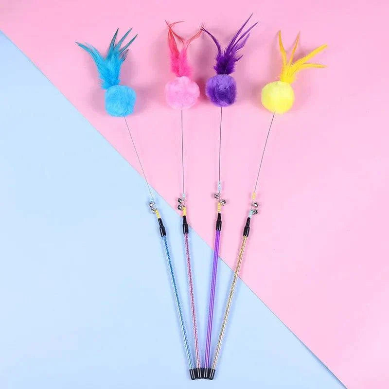 5pcs cat teaser wand set with colorful feathers and bells for interactive kitten play.