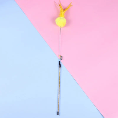 Cat teaser wand with yellow feather and bell, interactive toy for kittens, 5-piece set.