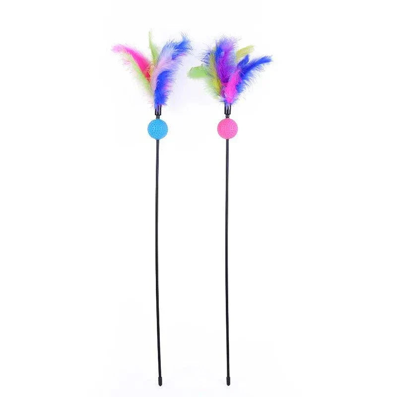 5pcs cat teaser wand set with colorful feathers and bells for kittens. cat feather wand