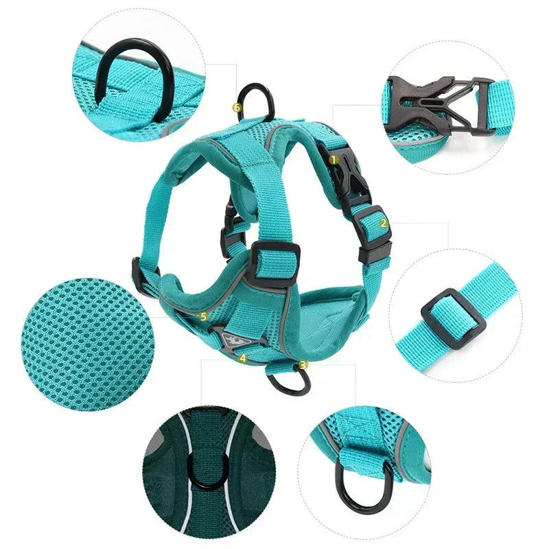 Adjustable reflective mesh vest harness and leash set for small dogs and cats, featuring quick-release buckle and breakaway design.