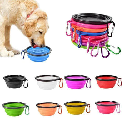 Folding portable silicone dog feeder bowl with carabiner in various colors.