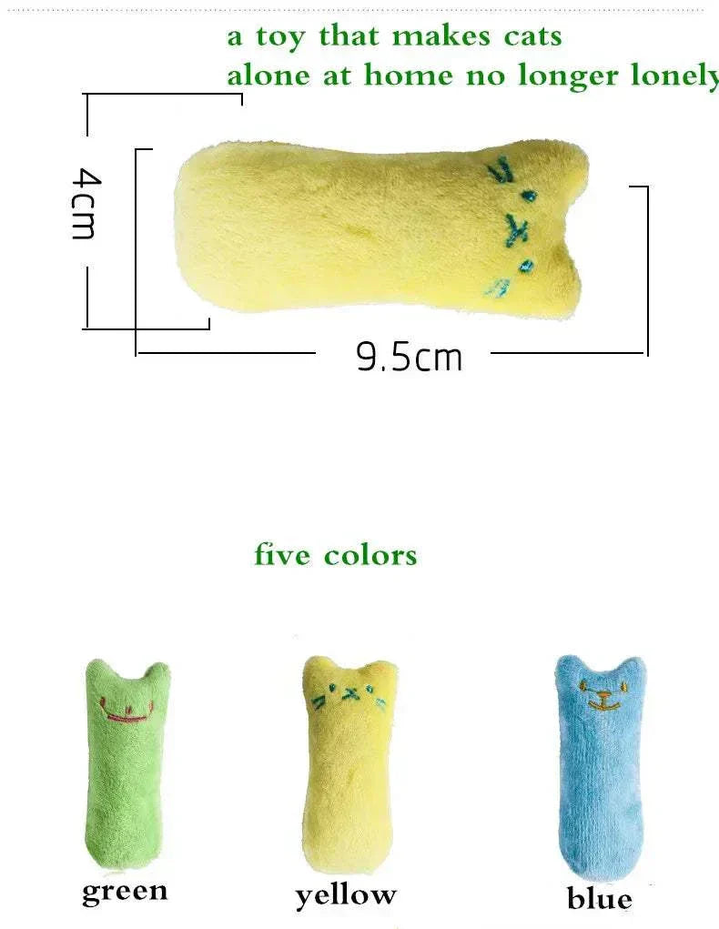 Interactive plush catnip chew toy for cats and kittens in green, yellow, and blue colors.