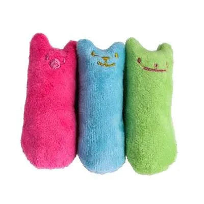 Catnip teeth-grinding plush chew toys for cats and kittens in pink, blue, and green. cat chewing toy