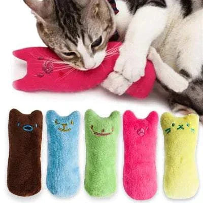 Cat playing with colorful plush catnip chew toys from Dahomemon. cat chewing toy