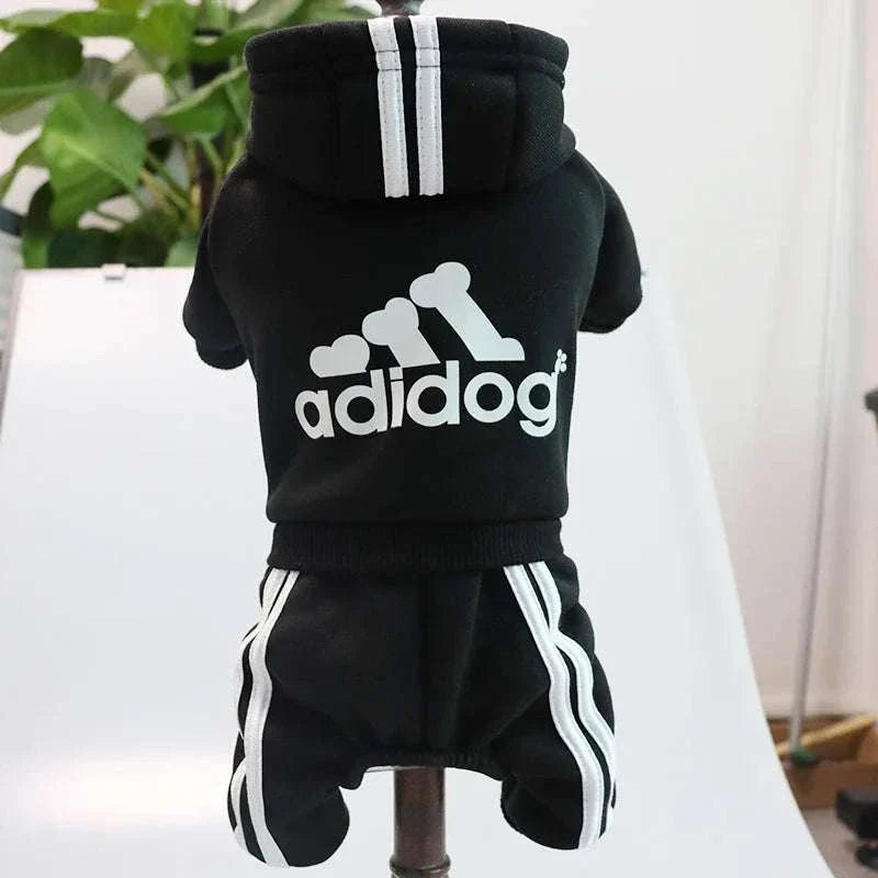 Adidog Fleece Hoodie Jumpsuit for Small Dogs in Black with White Stripes