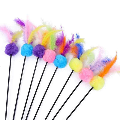 Colorful feather and bell cat teaser wands set, interactive kitten toys.