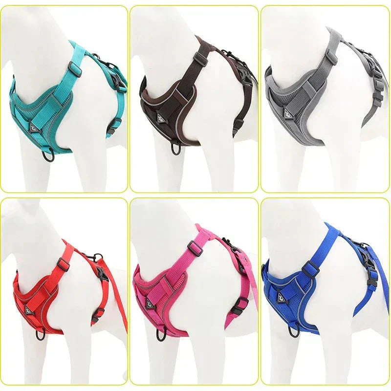 Adjustable no-pull dog harness and leash set in various colors, reflective mesh vest for small dogs and cats.