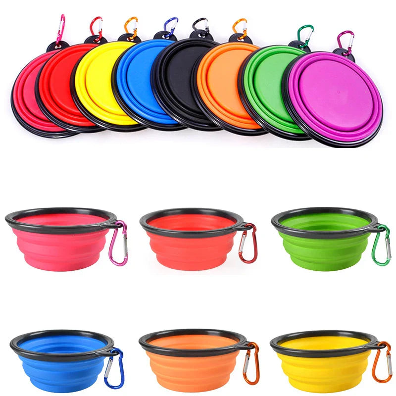 Colorful folding portable silicone dog feeder bowls with carabiners, 2-in-1 food and water dispenser.