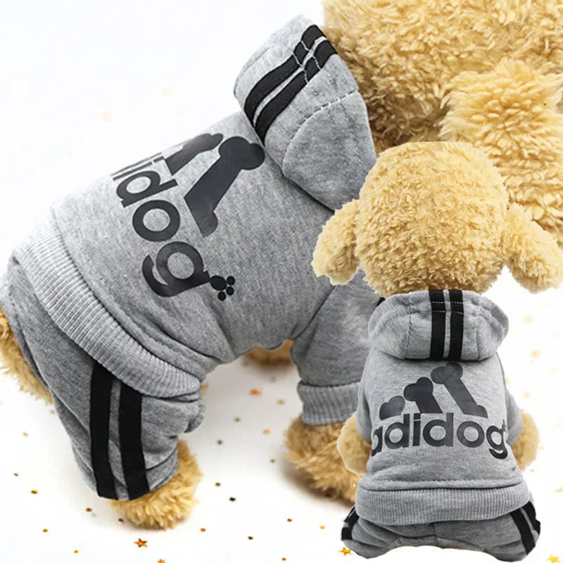 Adidog Fleece Hoodie Jumpsuit for Small Dogs in gray with stylish design.