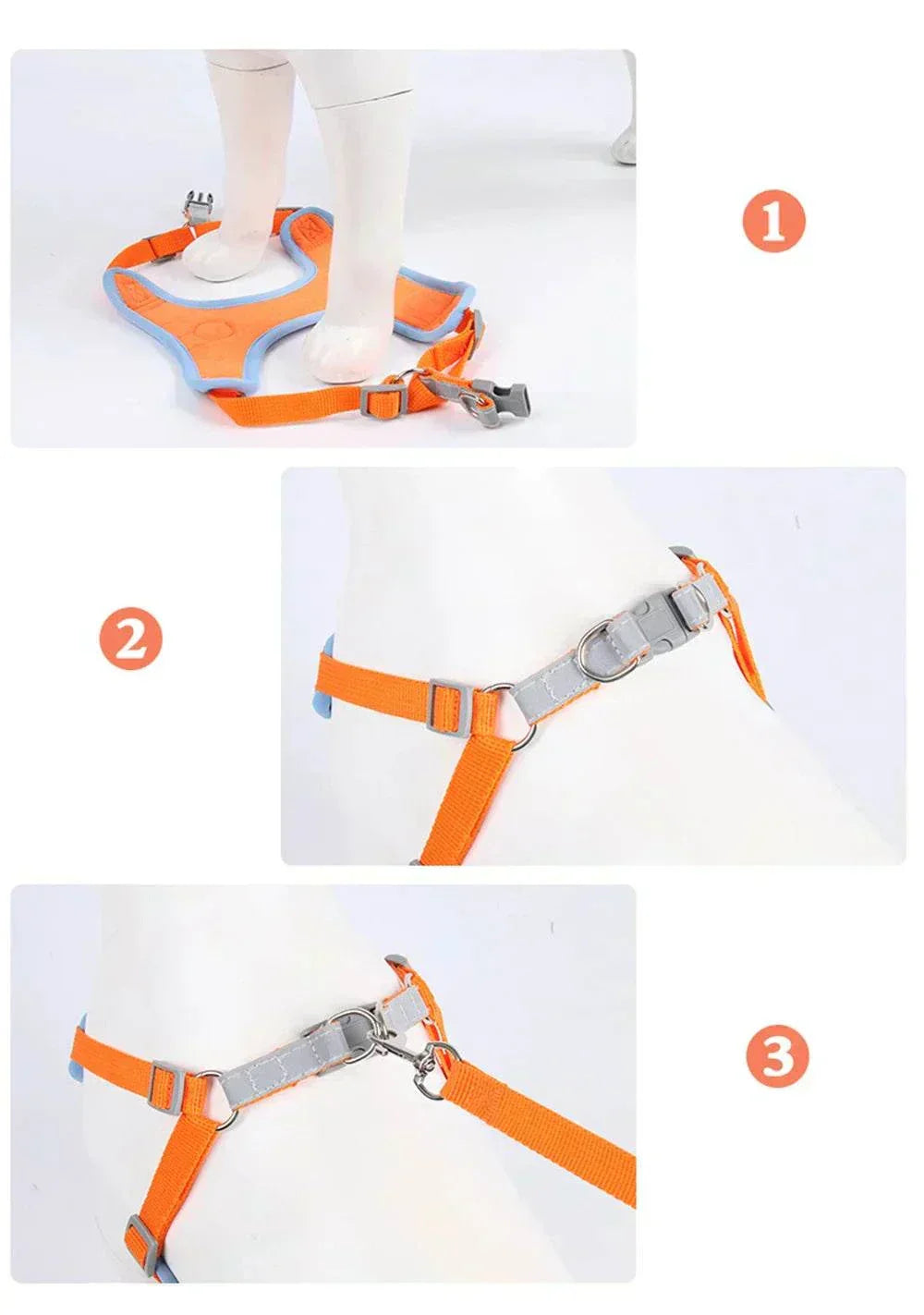 Adjustable reflective no-pull dog harness and leash set for small dogs and cats in orange and blue, featuring quick-release and padded design.