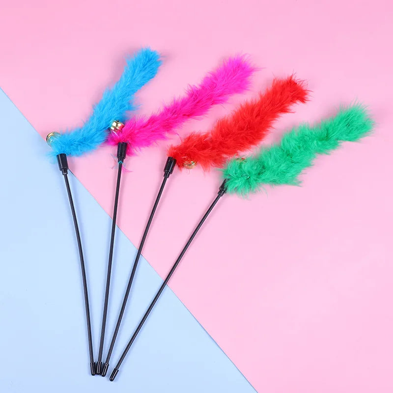 5pcs cat teaser wand set with bell and feather toys for kittens, colorful interactive play.