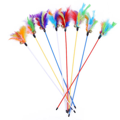 Colorful 5-piece cat teaser wand set with bells and feathers for interactive play. cat feather wand