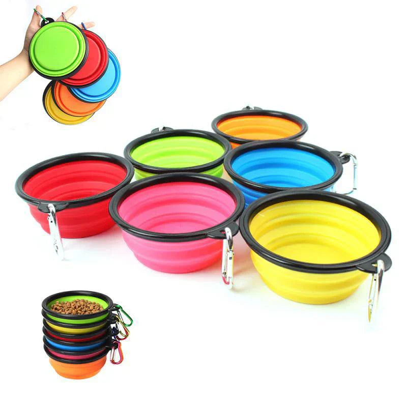 Folding portable silicone dog feeder bowl with carabiner, suitable for food and water, displayed with puppy and cat.