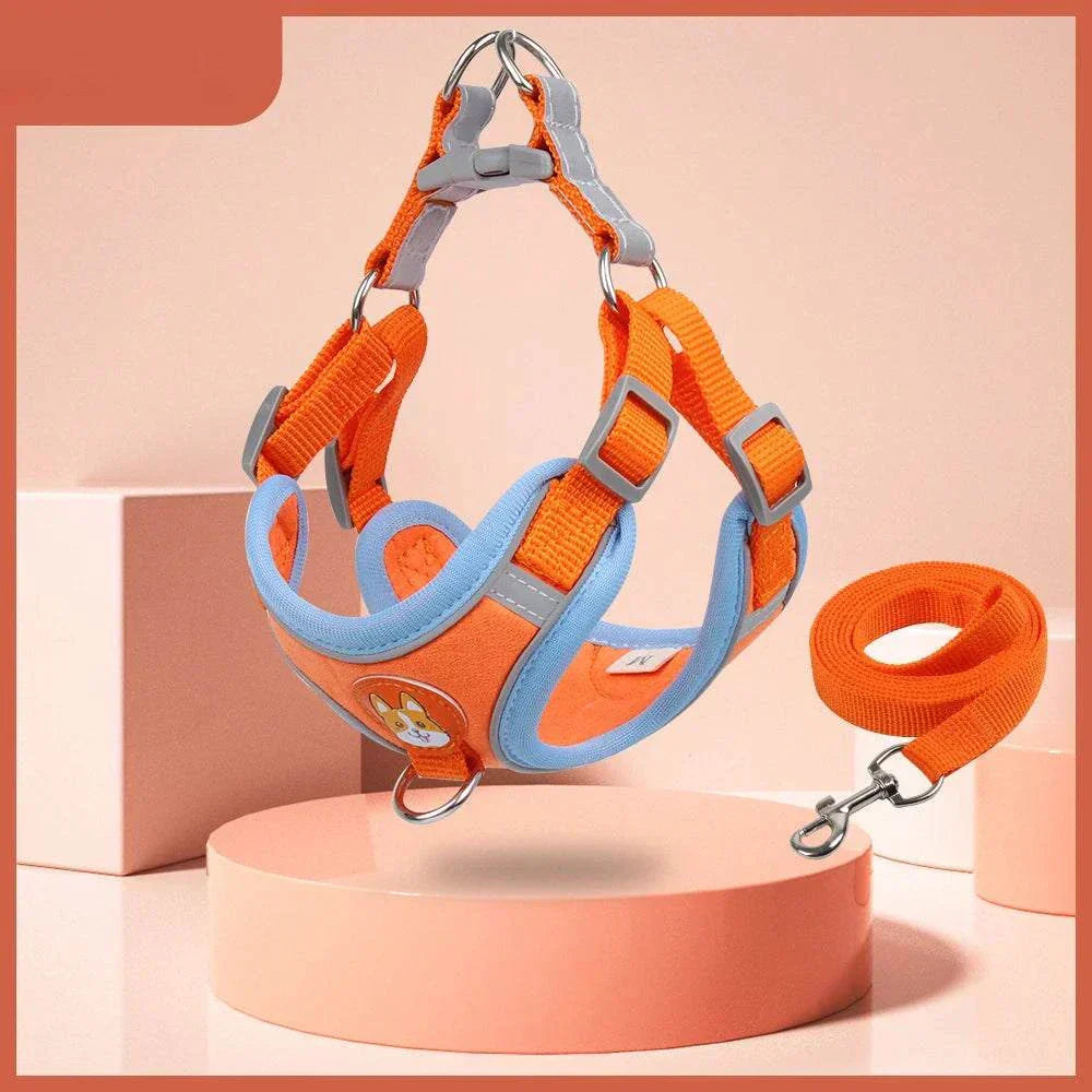 Adjustable no-pull dog harness and leash set in orange and blue, reflective vest for small dogs and cats.