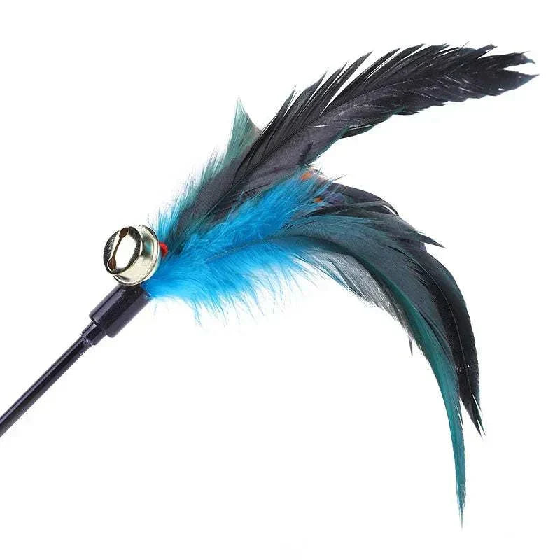 Cat teaser wand with bell and blue-black feathers for interactive play.