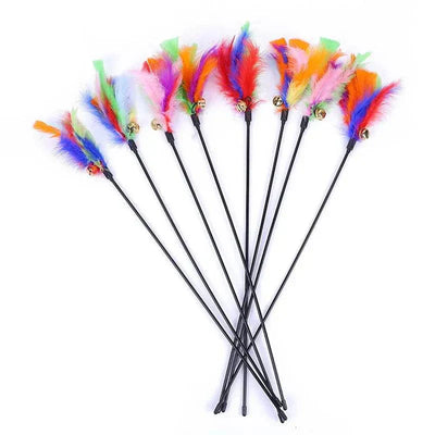 5pcs Cat Teaser Wand Set with colorful feathers and bells for interactive play. cat feather wand