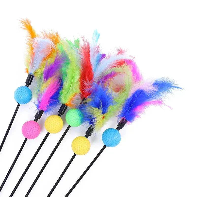 5pcs cat teaser wand set with colorful feathers and bells for interactive kitten play. cat feather wand