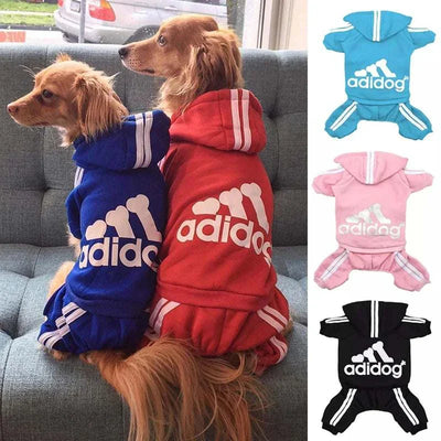 Adidog Fleece Hoodie Jumpsuit for Small Dogs in multiple colors, fashionable autumn/winter pet clothing.