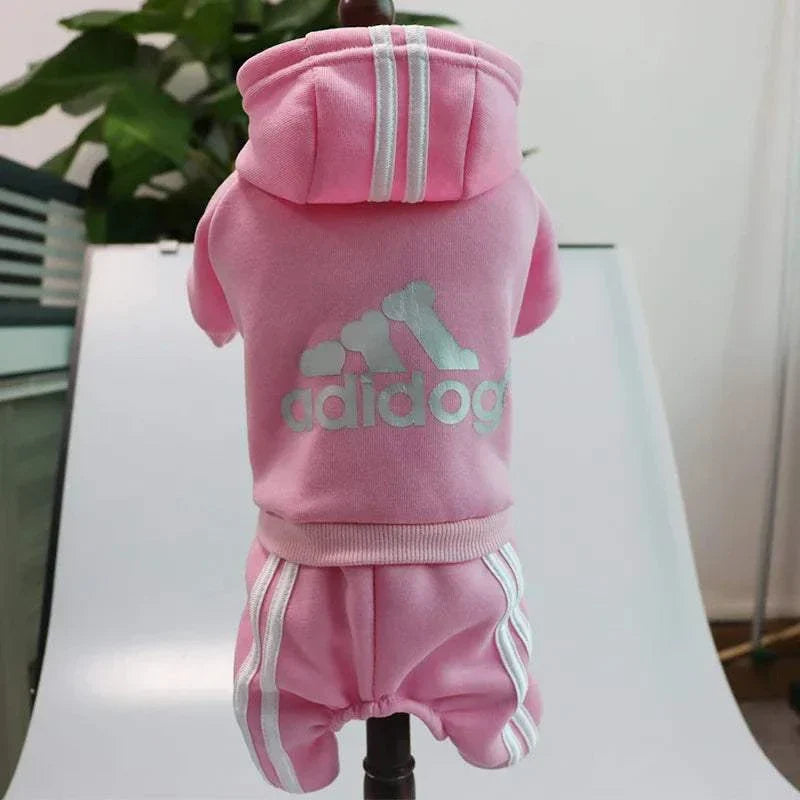 Adidog Fleece Hoodie Jumpsuit for Small Dogs in pink, polyester material, fashionable autumn/winter pet clothing.