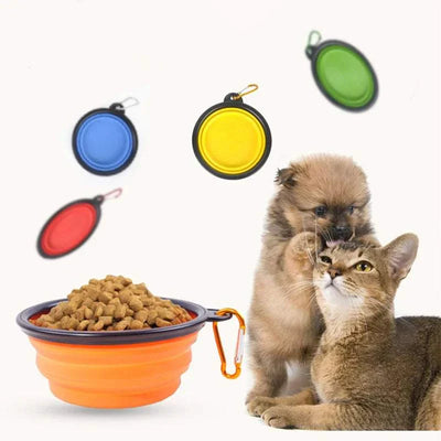 Folding portable silicone dog feeder bowl with carabiner, 2-in-1 food and water dispenser, featuring puppy and cat next to collapsible bowls in various colors.