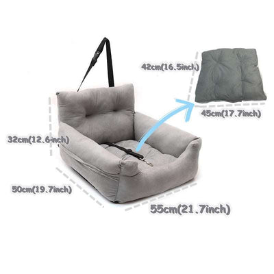 Gray car seat cover for small and medium dogs, breathable and padded, suitable for front and back seats, with strap attachment, size 55x50x32cm.