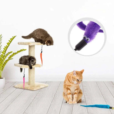 Plush cat toy replacement heads with worm accessories on a cat tree, featuring interactive feather toys.