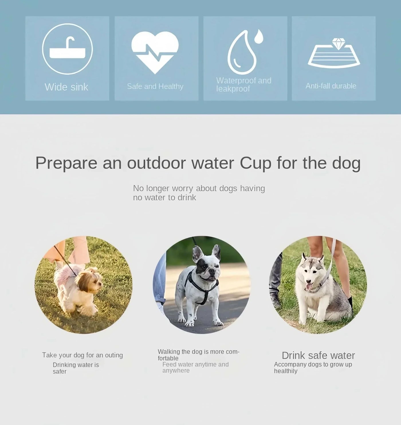 Portable pet water bottle and feeder for dogs, featuring wide sink, safe and waterproof design for outdoor travel.