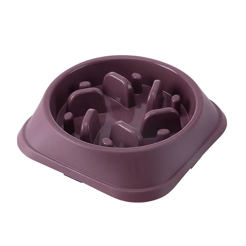 Anti-Choking Slow Feeder Bowl for Cats & Dogs in assorted colors, non-slip plastic design.